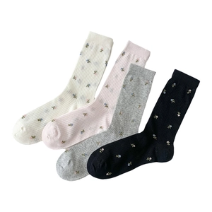 Floral print crew socks in cream pink grey and black with breathable mesh cotton fabric