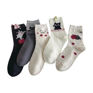 5-pack of cute cartoon cat cotton crew socks in mixed colors with ribbed cuffs