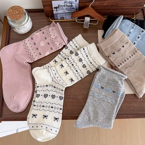 Women Crew Socks Cotton Blend Heart Bow Jacquard Breathable Vintage Retro Japanese Style Elastic Seamless Toe