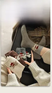 Détail de chaussettes en laine chaudes avec broderie chiot en couleurs d'automne
