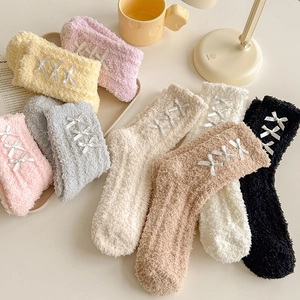 Thick Warm Coral Fleece House Socks With Satin Bows Mid Calf Winter Sleep Floor Socks Soft Fluffy Hosiery For Women