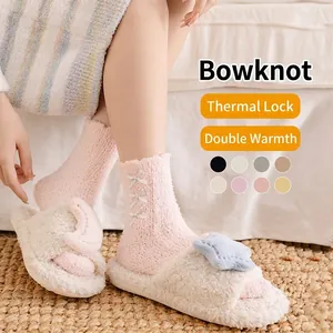 Pink coral fleece bow socks and plush slippers set for winter warmth and comfort