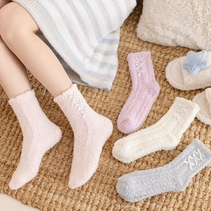 Thick warm coral fleece home socks with cute ribbon bows in soft pastel colors