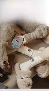 Close-up of cute cartoon bear embroidery and premium knit texture on thick wool socks