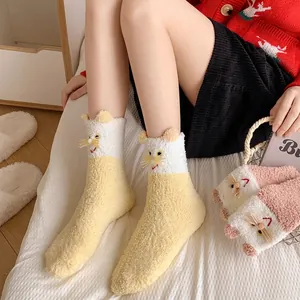 Thick coral fleece cat socks for winter featuring 3D ears and warm embroidery design