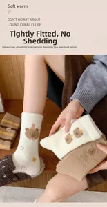 Thick warm coral fleece socks with cute cartoon bear pattern and soft texture for winter