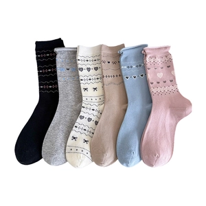 6-pack of women's heart and bow pattern cotton crew socks in assorted pastel colors