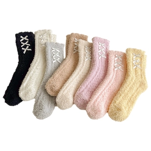 Thick coral fleece mid-calf socks with silk bows in eight assorted warm colors