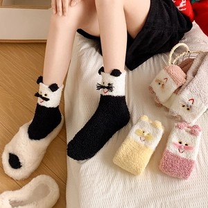 Cozy coral fleece cartoon animal socks with cute embroidery for winter warmth and home wear