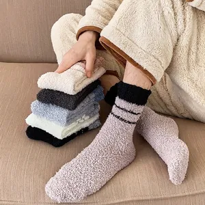 Thick warm coral fleece socks for men with simple stripes in various cozy colors