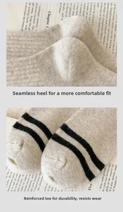 Detailed view of seamless heel and reinforced toe on wool knit socks with bear embroidery