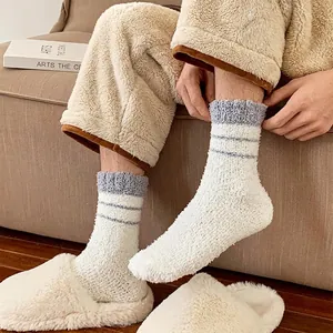 Thick coral fleece winter socks for men with grey stripes and warm thermal texture
