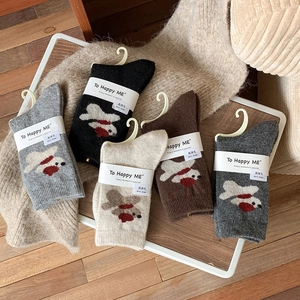 Chaussettes Mi-Mollet Chaudes en Mélange de Laine pour Femmes Automne Hiver Chaussettes Slouch Crew Mode Motif Chien Dessin Animé