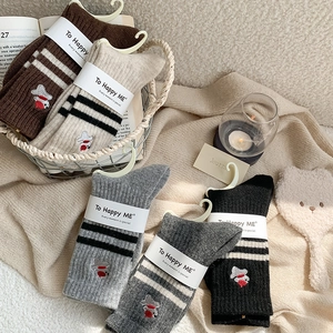 Women Winter Thick Warm Wool Blend Crew Socks Cartoon Puppy Embroidery Striped Slouch Socks Fashion Korean Casual Hosiery