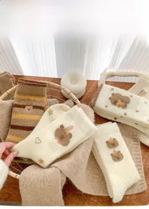 Detailed view of warm sherpa socks with cute embroidered bears and soft plush texture
