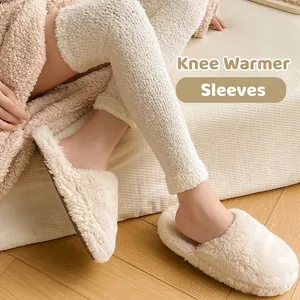 Thick white coral fleece over-knee warming socks with striped texture for winter comfort