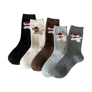 Cinq paires de chaussettes en laine avec broderie chien mignon aux tons automnaux
