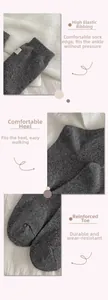 Detailed view of high-elastic cuffs and reinforced heel on dark grey speckled knit socks