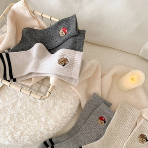 Thick wool blend mid-tube socks with cute bear embroidery and stylish rib-knit design