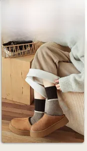 Detail of winter wool blend knit socks with elastic cuffs in a cozy home setting