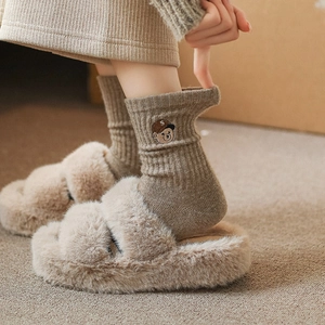 Thick wool socks for women with cute bear embroidery and plush slippers in warm beige