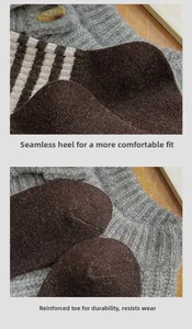 Detail view of reinforced toe and seamless heel on brown striped thick wool socks