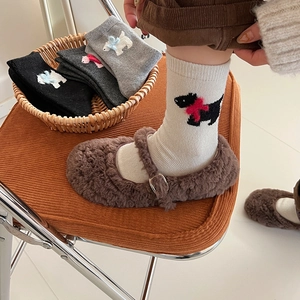 Cute embroidered puppy wool socks for women with bows in various warm winter colors