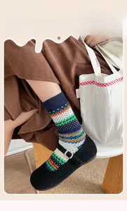 Close-up of Fair Isle knit socks with geometric patterns paired with Mary Jane shoes