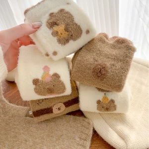 Thick warm winter crew socks with cute cartoon bear jacquard in soft plush fabric