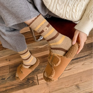 Winter Capybara thick thermal crew socks with cozy plush slippers on wooden floor
