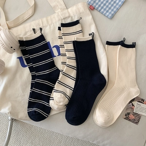 Mid Calf Socks Women Cotton Ribbed Knit Striped Color Block College Style Breathable Casual Soft Fashion Crew Hosiery