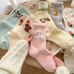 Women Mid-Calf House Socks Thickened Warm Cartoon Embroidery Soft Lettuce Edge Cute Winter Sleepwear Fleece