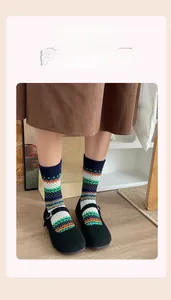 Detailed close-up of retro Fair Isle patterned knit crew socks in vibrant multi-color weave