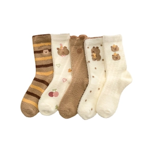 Five pack of thick warm winter socks with cute cartoon bear patterns and fuzzy material