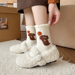 Plush cream socks with cute bear embroidery paired with warm fleece slippers for winter