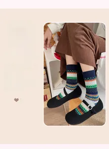 Close-up of ethnic jacquard crew socks with Mary Jane shoes and corduroy skirt