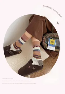 Close-up of Fair Isle vintage crew socks featuring colorful geometric knit patterns