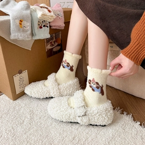 Cute thick fleece crew socks with cartoon dog embroidery and white Mary Jane shoes