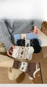 Close-up of Fair Isle pattern wool socks in blue, black, beige, and brown colors
