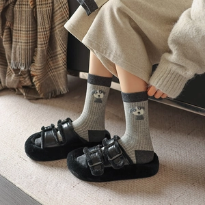 Grey crew socks with cute dog pattern and dark grey contrast heel and toe detail