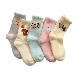 Five pairs of plush coral fleece warm socks with cute animal embroidery in pastel colors