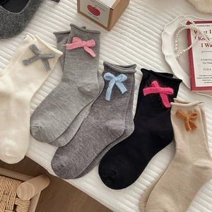 Calze Al Polpaccio In Misto Cotone Da Donna Decorazione Fiocco In Maglia Bordo Arrotolato A Coste Casual Dolce Stile Coreano