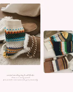 Detail of vintage Fair Isle knit socks with colorful jacquard patterns and ribbed cuffs