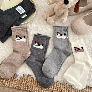 Women Korean Style Winter Wool Blend Crew Socks Cute Cartoon Dog Embroidery Warm Rolled Edge Hosiery For Casual Daily Wear