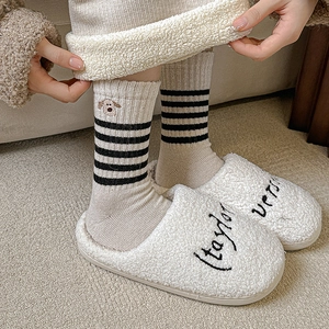 Thick wool socks with puppy embroidery and slippers on a warm beige carpet