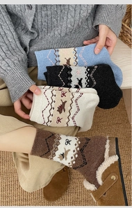 Detailed knit texture of Fair Isle crew socks with Nordic patterns and animal motifs
