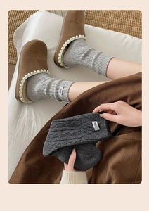 Detailed close-up of wool knit socks featuring a white egg tag and ribbed texture