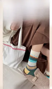 Detail of Fair Isle pattern knit socks with vibrant geometric motifs and ribbed cuffs