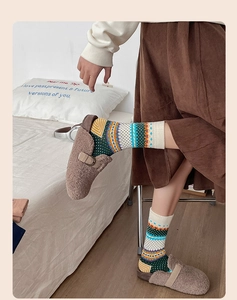 Close-up of Fair Isle knit socks with ethnic patterns and plush shearling slippers