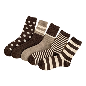 Five-pack of warm wool blend socks in brown earth tones with striped patterns